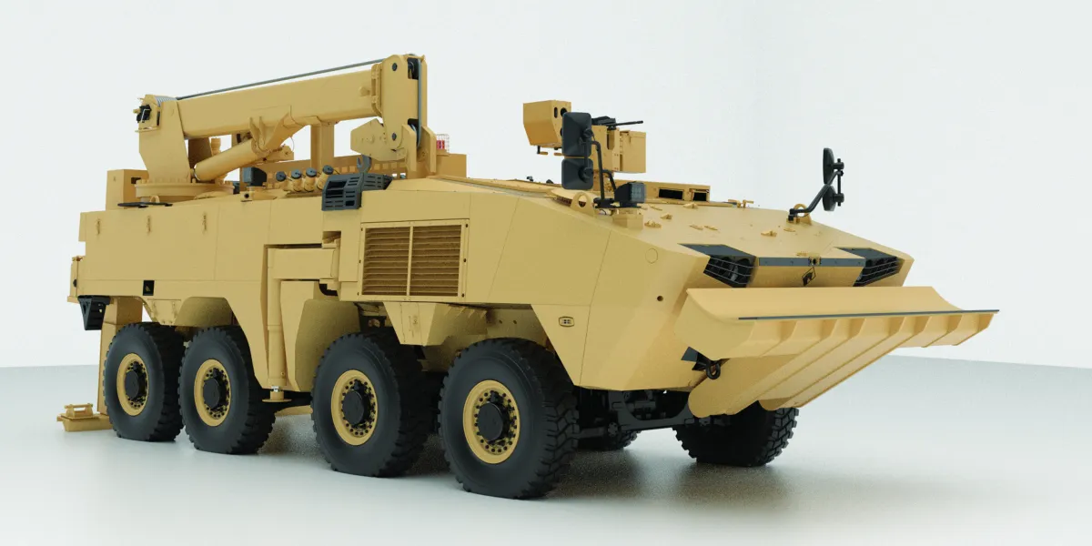 The Rabdan 8x8 Recovery Vehicle is an  advanced, highly capable vehicle system  built to perform heavy-duty recovery  missions at the deepest levels of the  battlefield thanks to a unique combination of  high off-road mobility, heavy-duty recovery  capabilities, high level of protection and  payload capacit
